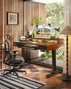 TIQLAB Standing Desk with Two Drawers, Stand Up Standing Desk Adjustable Height, Electric Sit Stand Table with Storage Shelf and Splice Board, with LED Light, 47 * 28 inch, Black Walnut - color: Black Walnut, size: 47*28 inch with keyboard tray