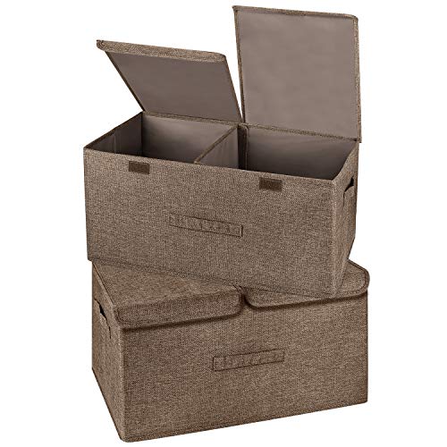2 Pack Large Storage Boxes with Lids and Handles, Collapsible Linen Storage Bins Organizer Containers Baskets Cube with Removable Divider for Home Bedroom Closet Office (Coffee, Large) - color: Coffee, size: Large