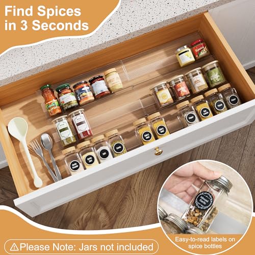 Expandable Spice Drawer Organizer Insert, 6-Pack Kitchen Adjustable Seasoning Rack Tray (13" to 26"), Clear Acrylic with Anti-Slip Mat, for Cabinet Countertop (Jars Not Included) - size: 6-Pack