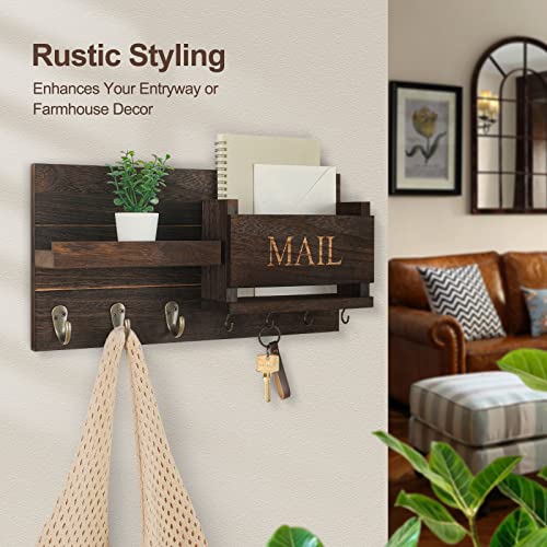 Lwenki Mail Organizer for Wall Mount – Key Holder with Shelf Includes Letter Holder and Hooks for Hallway Farmhouse Decor – Rustic Wood with Flush Mounting Hardware (16.5” x 9.1” x 3.4”) (Brown) - color: Brown