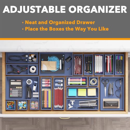 SpaceAid 21-Piece Bamboo Drawer Organizer Storage Boxes Set, Wood Tray Junk Drawer Organizers Multi-Use Divider Bins for Kitchen, Bathroom, Office Desk and Makeup Organization (21 Pack, Navy Blue) - color: Navy Blue