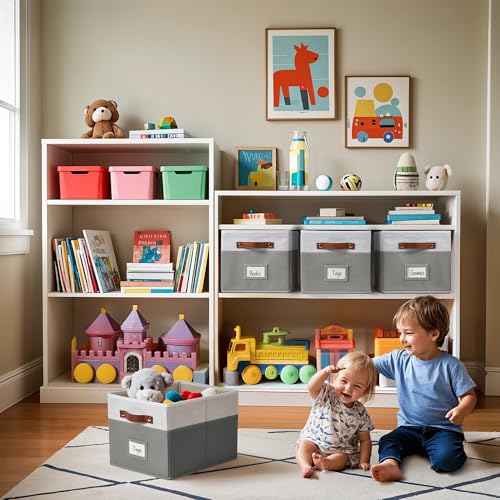 DECOMOMO Storage Baskets for Shelves - Large 15"x11"x10" Foldable Fabric Storage Bins, Baskets for Organizing with Labels (Grey & White, 4pcs) - color: Grey & White