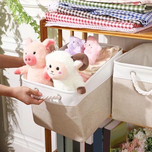 meekoo 8 Pack Collapsible Storage Bins Fabric Storage Bins Polyester Fabric Baskets with Handles Linen Closet Organizer for Shelf Home Closet Towels Toys(12 x 12 x 12 in,Beige) - color: Beige, size: 12 x 12 x 12 In