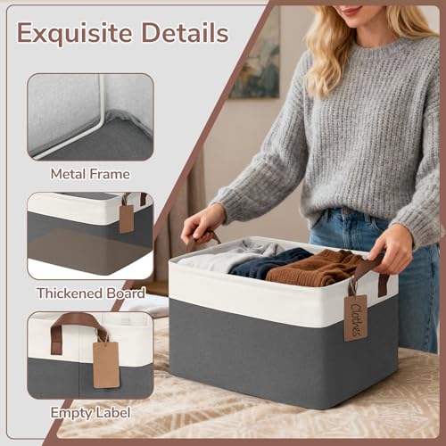 CHICVITA 4 Pack Large Storage Baskets for Shelves, Collapsible Closet Organizer Bins with Handles, Decorative Shelf Baskets for Bedroom Living Room, 16.8" x 11" x 9.8", Gray & White - color: Gray & White, size: 30L (16.8"L x 11"W x 9.8"H)