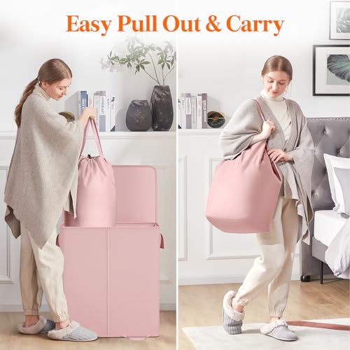 Lifewit Double Laundry Hamper with Lid and Removable Laundry Bags, Large Collapsible 2 Dividers Dirty Clothes Basket with Handles for Bedroom Laundry Room Closet Bathroom College, 155L Pink - color: Pink, size: 155L