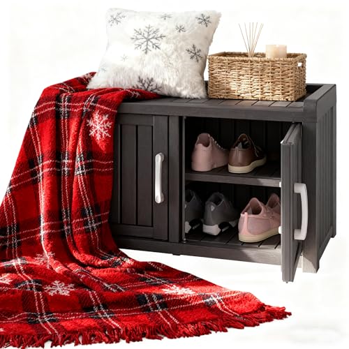 KAMABOKO Outdoor Shoe Storage Cabinet, Waterproof UV-Resistant Entryway Storage Bench Indoor Outdoor with 2 Barn Doors, Adjustable Shelves for Entryway, Bedroom, Hallway,Living Room(Jet Black) - color: Jet Black, size: Double Door