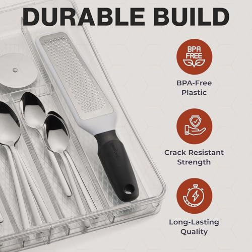 Masirs Expandable Utensil Drawer Organizer - BPA-Free Plastic Clear Silverware Tray with Multiple Compartments - Non-Slip Cutlery Storage for Kitchen, Bathroom, or Office Drawers (Clear) - color: Clear