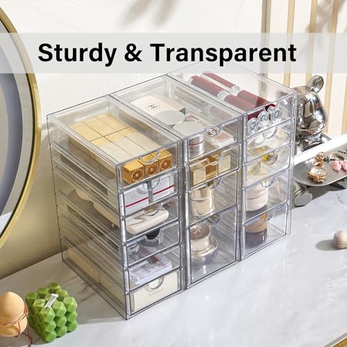 Prsildan Acrylic Drawer Organizer with 15 Drawers, Makeup Craft Office Desk Organizers Accessories, Set of 3 Clear Stackable Storage Drawers for Vanity, Countertop, Jewelry, Art Supply Organization - style: 15 Drawers