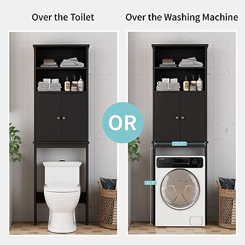Shintenchi Over The Toilet Storage Cabinet, Bathroom Above The Toilet Rack, Bathroom Adjustable Shelf Organizer with Open Bottom Bar and Anti-Tip Device, Black - color: Black, size: 2 Open Shelves