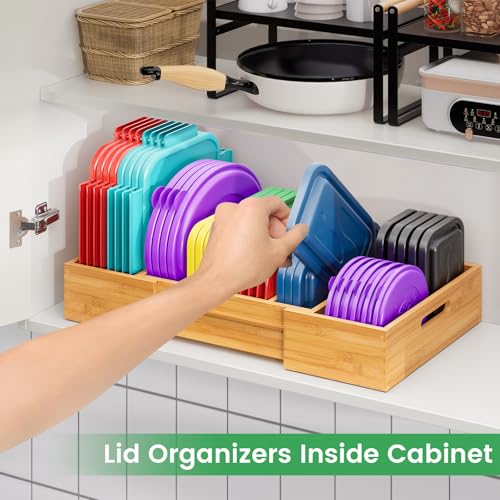 Kiasthome Expandable Bamboo Lid Organizers Inside Cabinet, Kitchen Cabinet Organizers with 3 Adjustable Dividers, Storage Plastic Lids, Food Container Lid Holder Organizer for Drawer Pantry, Nature - color: Nature