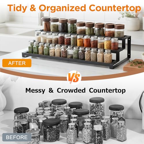 3-Tier Spice Rack Organizer for Kitchen Cabinet or Pantry, 16"-29" Expandable Spice Organization Shelf, Seasoning Organizer, Metal Display Shelf, Slip-Resistant Design for Jars and Bottles, Black - size: Small-Black- Fits 9.25" Deep Cabinet
