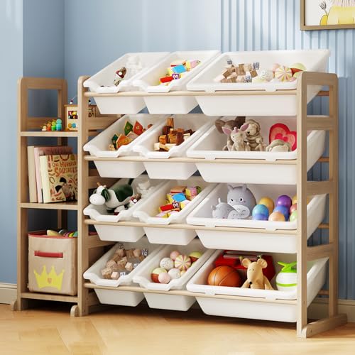 Toy Storage Organizer - Toy Organizers and Storage with Bookshelf, Toy Storage Shelf with 3 Shelves and 12 Storage Bins, Kids Bookshelf and Toy Storage for Kids Room, Playroom, Bedroom, Nursery, White - color: White, size: 42.2 inches (L) x 11 inches (W)