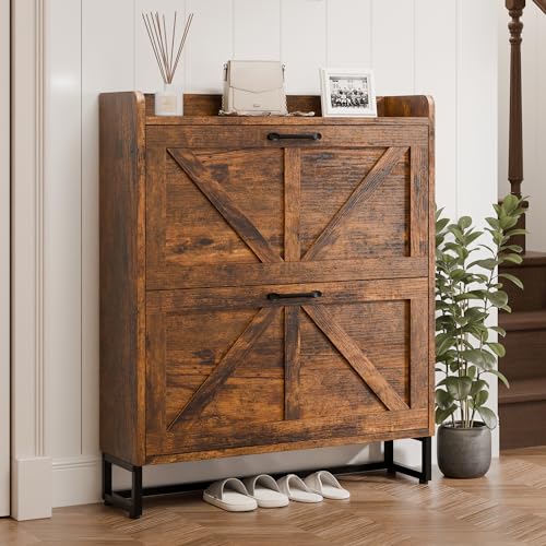 MU Shoe Storage Cabinet with 2 Flip Drawers, Freestanding Shoe Rack Cabinet with Metal Legs, Hidden Shoe Organizer Cabinet for Entryway, Living Room, Rustic Brown - color: Rustic Brown, size: 2 Drawers