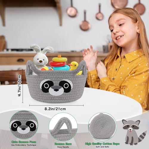 Small Storage Basket for Nursery, Raccoon Storage Basket, Round Woven Rope Cotton Storage, Baby Blanket 0rganizer with Ears Handles, Animal Blanket Towel Decor Storage Bins, 8.2"D x 4.7"H in - color: Grey, size: 9"D × 5 "H