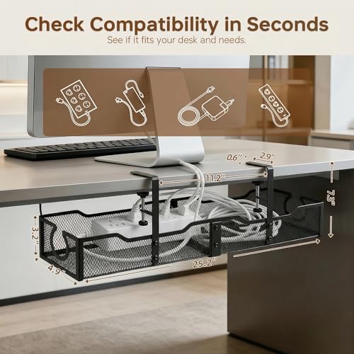 Upgraded 25.2'' Under Desk Cable Management Tray, No Drill Clamp-On Design Wire Organizer, Cable Organization Box for No Damage to Desk, Metal Cord Organizer for Home Office, Black - color: Black