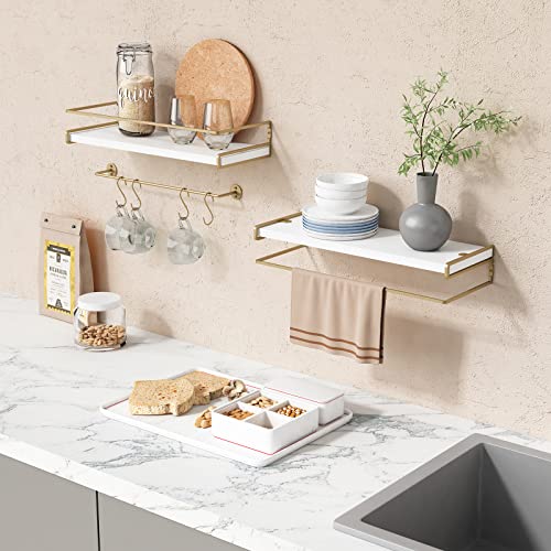 Forbena Floating Bathroom Shelves Wall Mounted, Aesthetic White and Gold Shelves for Bathroom Accessories, Modern Bathroom Organizer with Tower Bar for Wall Decor Storage Small Spaces, Set of 2 - color: 1. White-gold