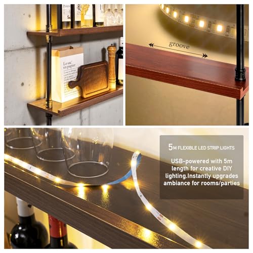 55" Modern Wall Mounted Wine Rack with LED Lights, 3-Tiers Industrial Pipe Liquor Floating Shelves, Rustic Metal Wall Wine Rack for Home, Restaurant, Commercial Bar, Kitchen Storage Display - size: 55inch/140cm