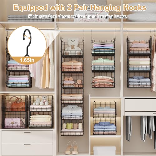 6 Tier Closet Hanging Organizer, Clothes Hanging Shelves with 4 Hanging Hooks 5 S Hooks, Wire Storage Basket Bins, for Clothing Sweaters Shoes Handbags Clutches Accessories Patent Design-Black