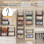 6 Tier Closet Hanging Organizer, Clothes Hanging Shelves with 4 Hanging Hooks 5 S Hooks, Wire Storage Basket Bins, for Clothing Sweaters Shoes Handbags Clutches Accessories Patent Design-Black