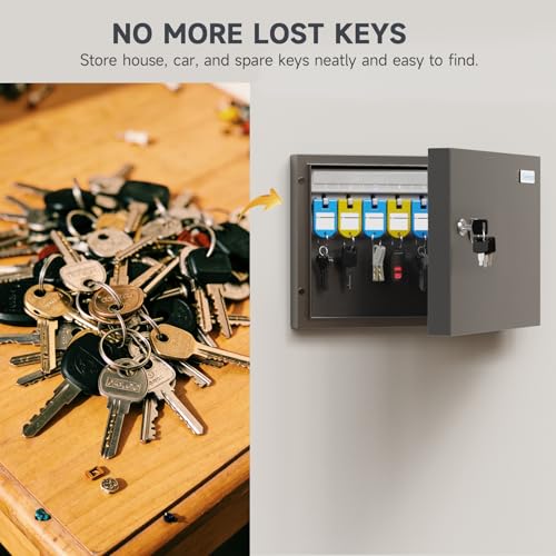 16 Key Lock Box – Wall Mounted Key Cabinet with Magnetic Door & Key Tags, Steel Lockable Key Organizer for Home, Garage & Small Office - size: 16 Key (Basic)