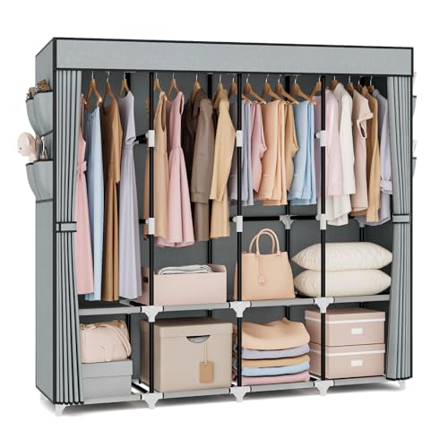 VTRIN Portable Closet for Hanging Clothes 67 Inch Wide Large Capacity Portable Wardrobe Closet with Cover, 4 Storage Shelves and 4 Hanging Rod Sturdy Free Standing Closet for Bedroom, Grey - color: Grey, size: 4 Row - 67'' Wide