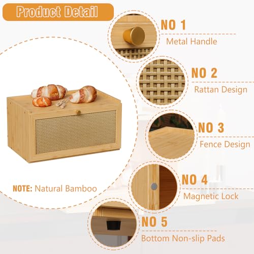 Trironsun Rattan Bamboo Bread Box for Kitchen Counter Large Capacity Bread Storage Bin Farmhouse Bread Storage Container Rustic Bread Holder (Natural Bamboo) - color: Natural Bamboo