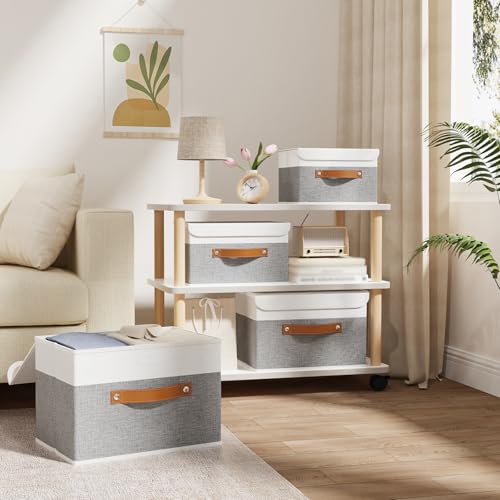 OUTBROS Fabric Storage Bins Cube Organizers with Flip-Top Lid and Handles,Storage Boxes for Organizing Home,Office,and Closet,White/Grey,5 Pack 10.2 x 7.9 x 6.7 in - color: White/Grey, size: 10.2x7.9x6.7in(5-pack)
