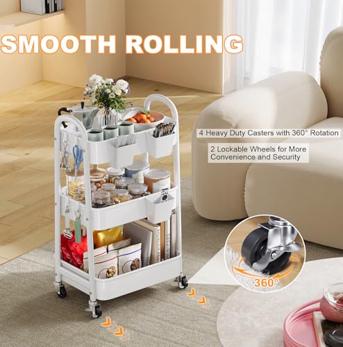 3 Tier Rolling Cart Metal with Wheels, Heavy Duty White Three Tiered Craft Cart Organizer on Wheels, Utility Roller Storage Carts for Art, Baby Nursery, Diaper Caddy, Snack,Book,Nail,Cleaning Supplies - color: Pure White, size: 3 Tier+Cups+Hooks