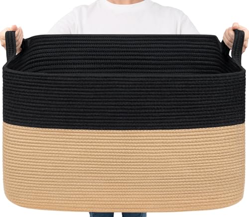Goodpick Large Woven Blanket Basket 23.6" x 15.7" x 13.8" Cotton Rope Storage Organizer for Dirty Clothes Pillows, Wicker Storage Basket for Living Room Bedroom, Black & Jute - color: Black Camel, size: X-Large(23.6"L x 15.7"W x 13.8"H)
