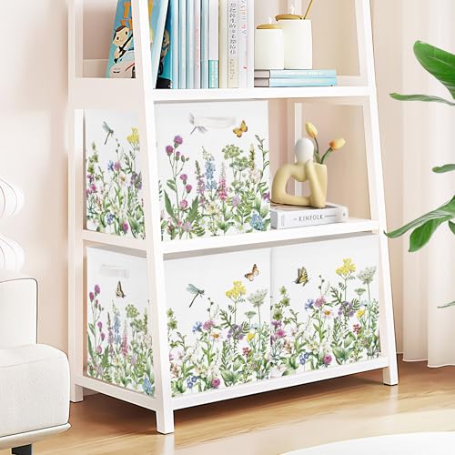 Clastyle Flowers Storage Cube Organizer Set Handle Closet Clothes Cube with Metal Frame Foldable Parents Organizer Storage Basket for Book Toy,Green,11.8x11.8x11.8 in - color: Green