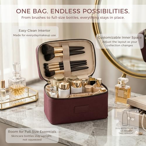 Makeup Bag Vanity Case for Women – Portable Cosmetic Bag Makeup Bag Organizer Travel Toiletry Bag with Removable Divider - color: Burgundy