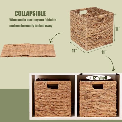 11x11in Storage Baskets 4 Pcs Square Baskets for Cube Shelf,Foldable Handwoven Water Hyacinth Storage Bins for Laundry Organizer