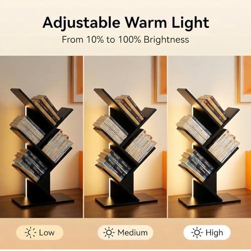 Godferyxin Tree Bookshelf with Liting,Small Bookshelf LED and Desktop Book Shelf Light for Office, Home or School Mini Bookcase for Wood Displaying Books, CDs, Magazines Wood Shelf Rack - color: 5tier-bookshelf Liting Black
