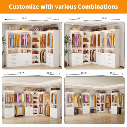 Closet System with 9 Drawers, Corner Closet Organizer Systems with 9 Shelves & 9 Hanging Rods L-Shaped Walk in Closet Freestanding Corner Tower Modular Storage System 4 Sets 2800+ Lbs Capacity White - color: 4 Sets - 110.5''