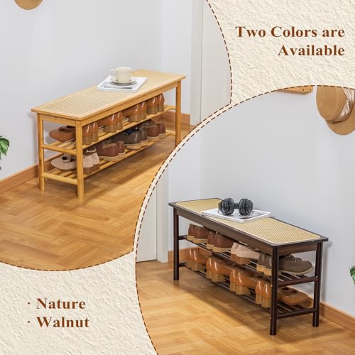 Bamboo Entryway Bench with Woven Rattan Seat, 2-Tier Shoe Storage Bench for Hallway & Entryway 39.4 inches Nature - color: Nature, size: 39.4 inch