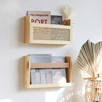 FIRADE Wood Magazine Wall Rack with PE Rattan Grid,Size 17.3" x 4" x 9.4",File Holder For Entryway,Living Room,Waiting Room,Kids’ room,Office