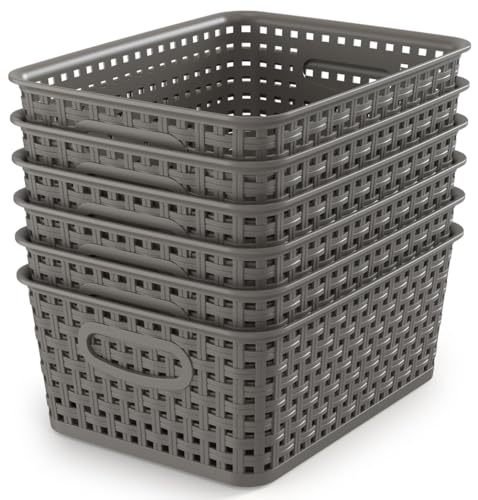 WYT Weave Storage Organizer Baskets, Grey 6-Pack Plastic Woven Baskets, 10.1" x 7.55" x 4.1" - color: Grey, size: 6-Pack