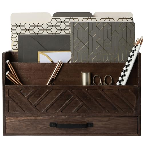BLU MONACO | Wooden Mail Organizer with Drawer and Compartments | Mail Sorter Organizer Countertop for Desk Entryway | Outgoing Mail Holder Wood Desktop File Storage - color: Brown