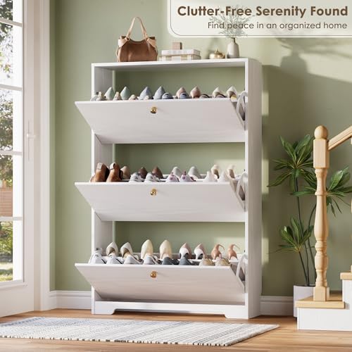Nicetree Shoe Cabinet with 3 Flip Drawers, Narrow Shoe Organizer Cabinet, Freestanding Shoe Rack Cabinet, Morden Shoe Storage Cabinet for Entryway, Hallway, Foryer, White - color: White, style: 3-Drawers