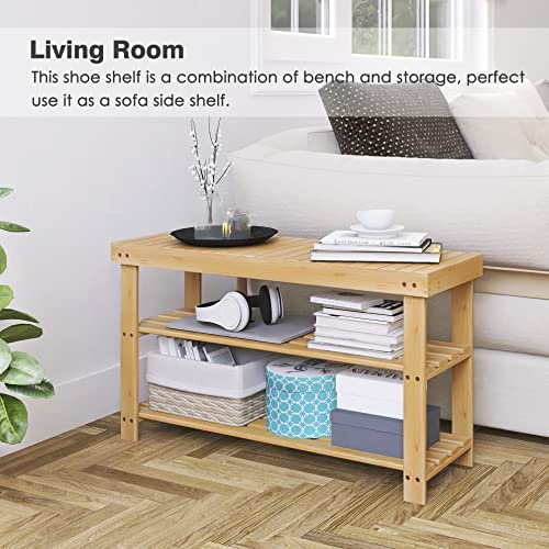 SMIBUY Bamboo Shoe Rack Bench, 3-Tier Shoe Organizer Storage Shelf for Entryway Hallway Bathroom Living Room (Natural) - color: Natural