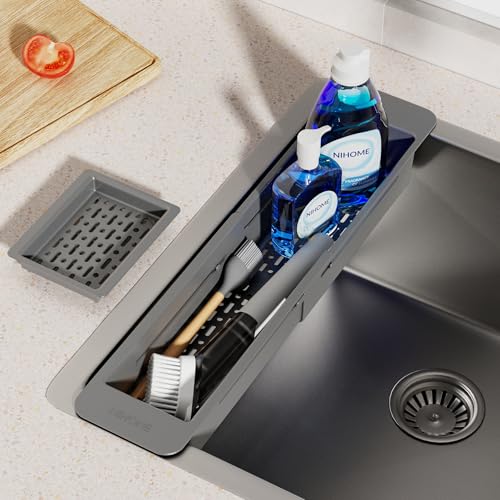 NiHome Extendable Over Sink Kitchen Organizer, Small Telescopic Brush Storage Rack for Sponge, Non-Slip Pads Expandable Sink Caddy, Adjustable Sponge/Brush Rack with Drainage Durable ABS (Dark Gray) - color: Dark Gray, size: Standard