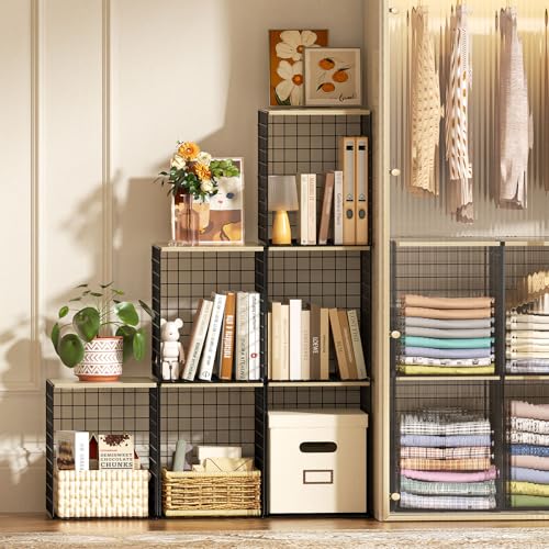 Taller Closet Organizers and Storage with Wood Top, Set of 3 Stackable Wire Storage Bins for Clothes, Bags, Towels, Double Storage Design, Sturdy Metal Cube Shelf Organizer for Closet Wardrobe, Black - color: BLACK, size: 12.2"L x 12"W x 15.74"H