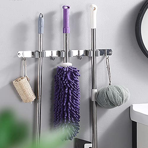 Broom Mop Holder Wall Mount Cleaning Tool holder, Heavy Duty Stainless Steel Broom Hanger Rack Hook Organizer, Garage Storag Racks wall Mounted Broom Hanger for Home, Kitchen, Garden, Garage, Landry