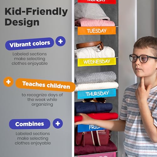 Handy Laundry Hanging Clothes Organizer for Kids - 6-Shelf Closet Daily Clothing Organization Labeled Shelves with Days of The Week Monday Through Friday, Weekday and Weekend (Grey-Colored) - color: Grey-colored