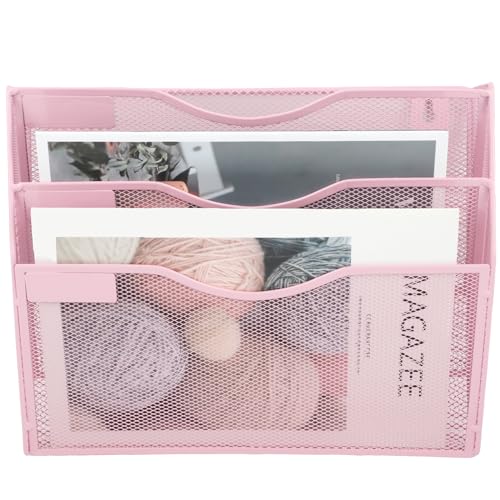 EASEPRES 3 Pocket Mesh Hanging Wall File Organizer, Wall Mounted Mail Paper Document Folder Holder, Clipboard Storage Organization Magazine Rack with Nametag Label for Office Home School, Pink - color: Pink, size: 3 Tier