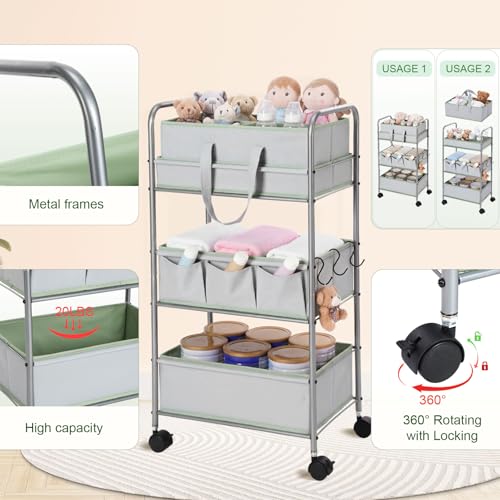 FoldTier 2in1 Colorful Baby Diaper Caddy Organizer Cart 3 Tier Large Capacity Metal Utility Bedside Rolling Cart with Divider for Newborn Nursery Essential Must Have Crib Bedroom Baby Shower(Green) - color: Green