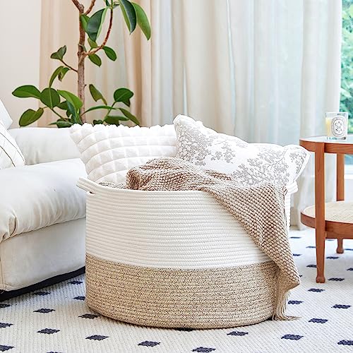 R RUNKA Extra Large Cotton Rope Basket 22" x 14" - Toy Basket for Kids -Blanket Basket for Living Room - Woven Baskets for Storage - color: White + Beige