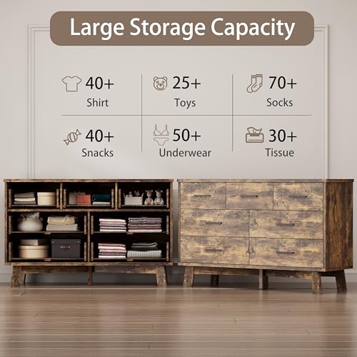 Xixini Dresser for Bedroom with 7 Drawer, Wood Modern Chest of Drawers with X-Shaped Sturdy Base, Wide Double Dresser Closet Clothes Storage Organizer, Wooden TV Stand for Living Room, Hallway, Brown - color: Brown, size: 15.6"D x 47.2"W x 29.5"H (7 Drawe