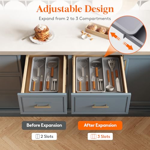 Lifewit Utensil Organizer for Kitchen Drawer, Expandable Cooking Silverware Tray, Adjustable Cutlery Flatware Holder, Plastic Spatula Tools Storage Divider, 14.4 x 15.8", Gray - color: Gray, size: 14.4*15.8*1.8 inch (3 Slots)