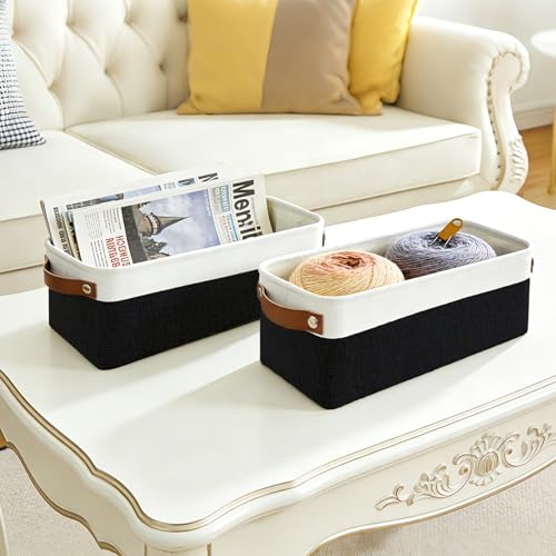 Bagnizer Small Fabric Storage Baskets, 15x6x5 inch Narrow Storage Bins 4-Pack Long Storage Basket for Organizing with Handles, Decorative Basket for Closets, Shelves, Toilet Paper, Black - color: Black / Off-White, size: Narrow-15"x6"x5"